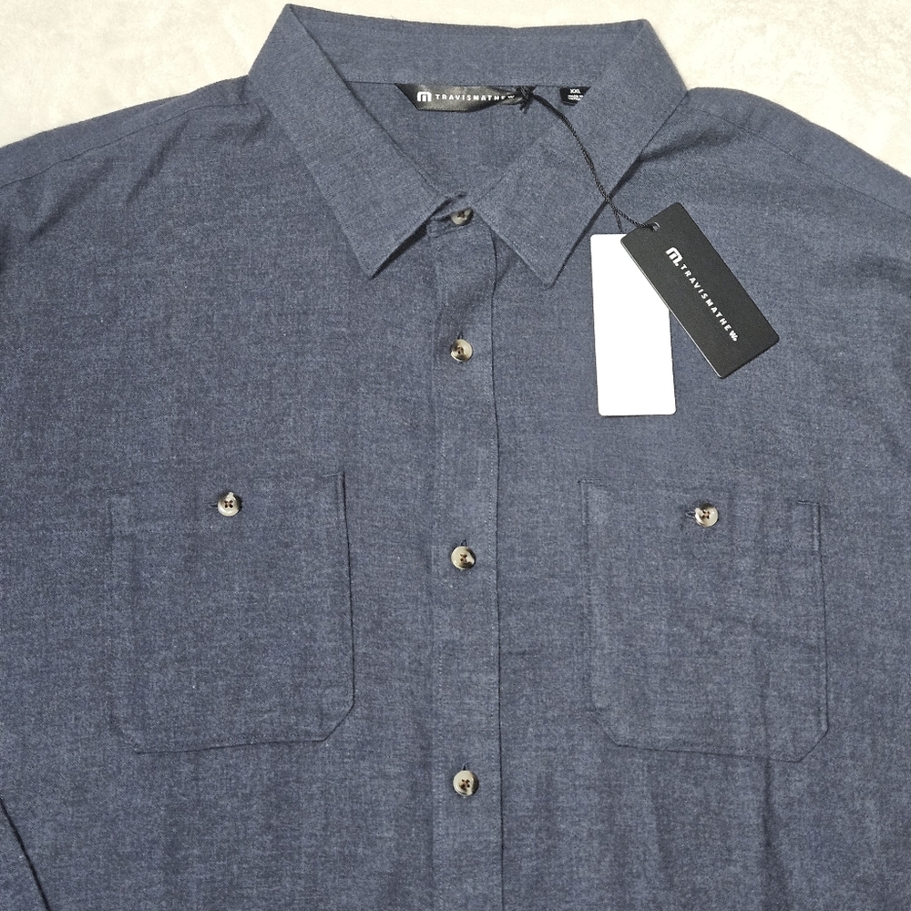 Travis Mathew 100% Cotton Long Sleeve Button-up Cloud Flannel: Dark Blue: XXL